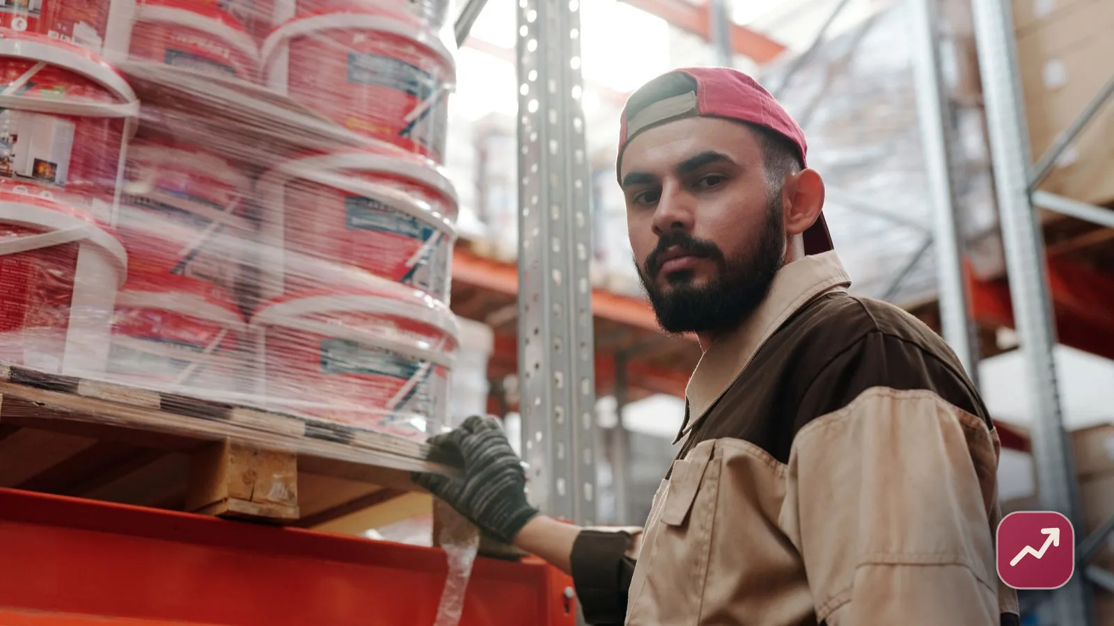 A warehouse worker stocking a pallet rack during a late shift, illustrating how overtime pay works and how it is taxed.