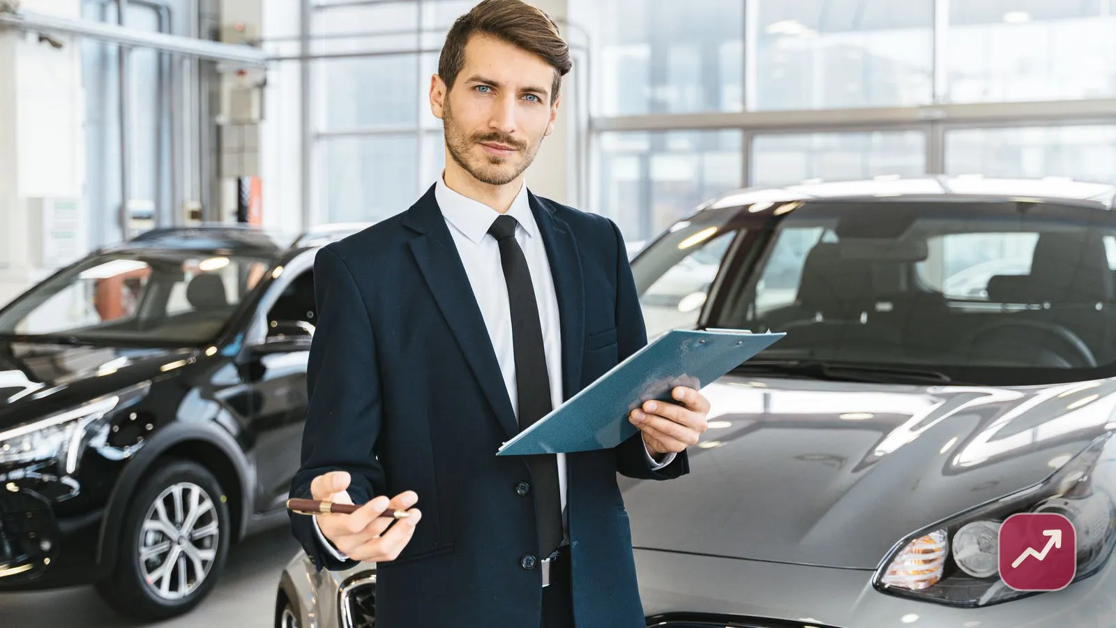 A car salesman with a clipboard in a dealership showroom, illustrating the decision to lease versus buy a car.