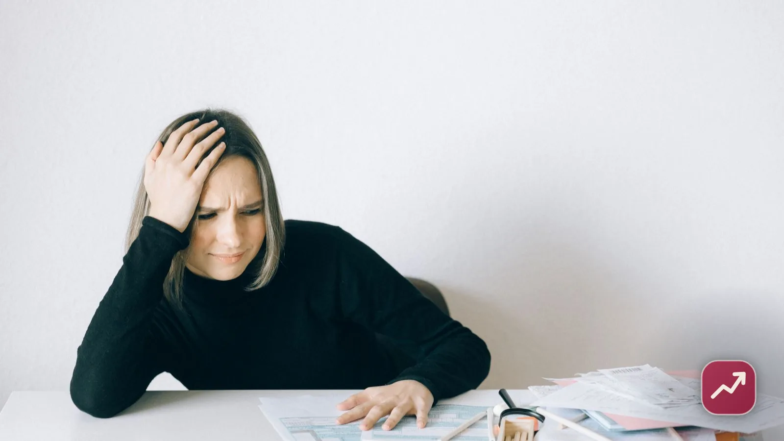 A woman at a kitchen table surrounded by tax paperwork, illustrating what to do if you cannot pay your taxes on time.